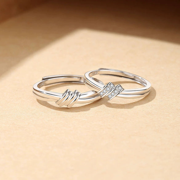 Couple's Pair S925 Sterling Silver Twin Knot Opening Ring Geometric Diamond Fashion Jewelry
