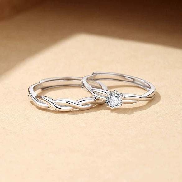 Couple's Ring 925 Silver Twin Knot Geometric Style Diamond Design