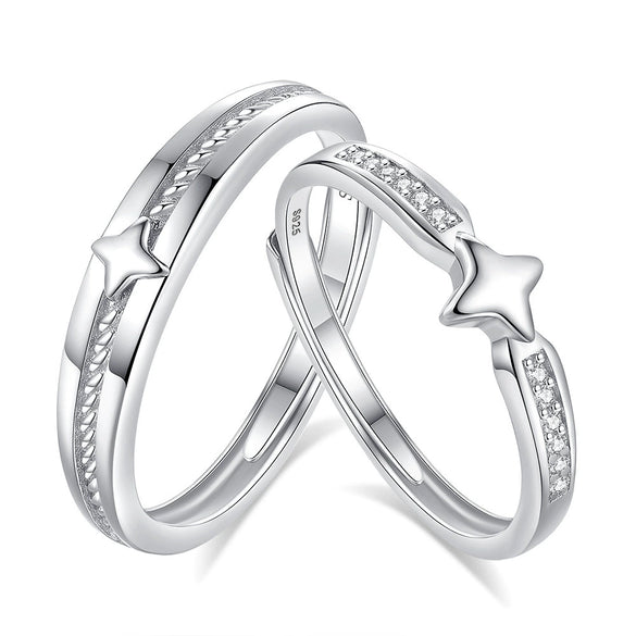 Couple's 925 Silver Ring With Star Pattern And Diamond Design