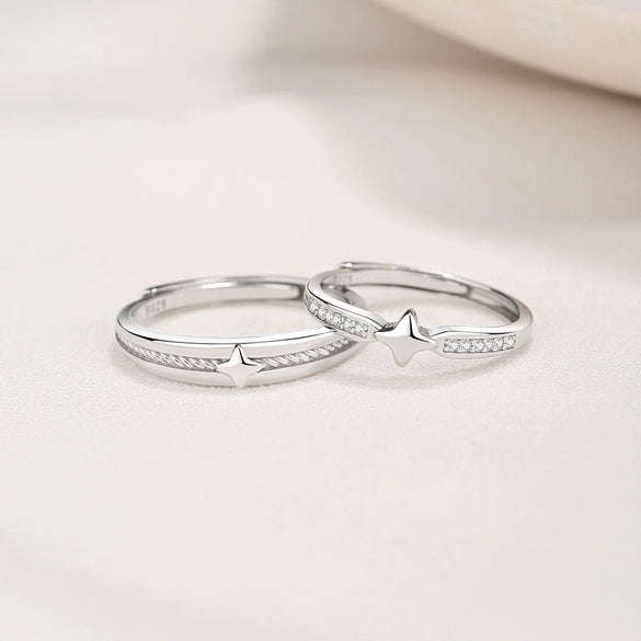 Couple's 925 Silver Ring With Star Pattern And Diamond Design