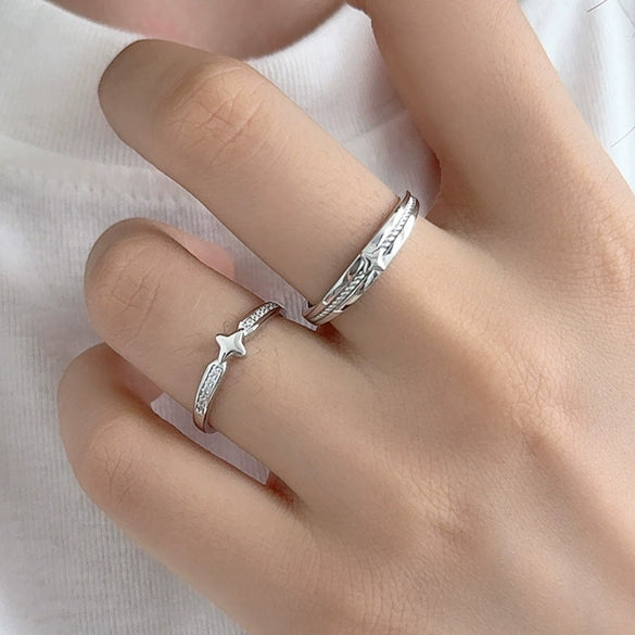Couple's 925 Silver Ring With Star Pattern And Diamond Design