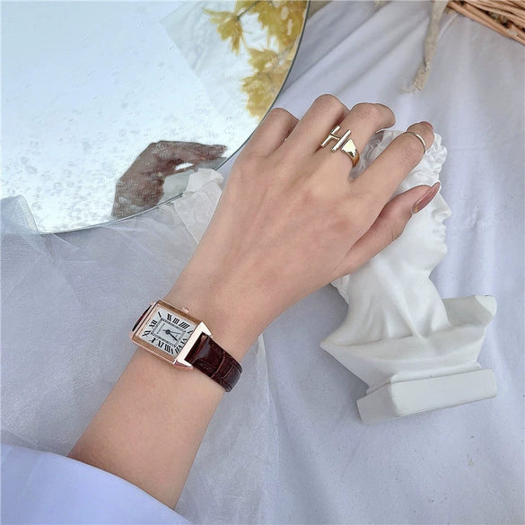 Couple's Square Alloy Case Ordinary Glass Mirror Casual Quartz Belt Pointer Watch