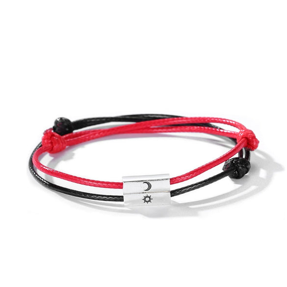 Couple's Sterling Silver 925 Hand Rope Bracelet With Geometric Sun Moon Pendant Electroplated