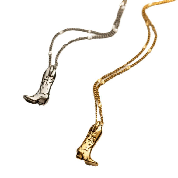 Cowboy Boots Necklace With Retro Antique Silver Boot Pendant Stainless Steel Clavicle Chain Real Gold Plated Electroplated Jewelry
