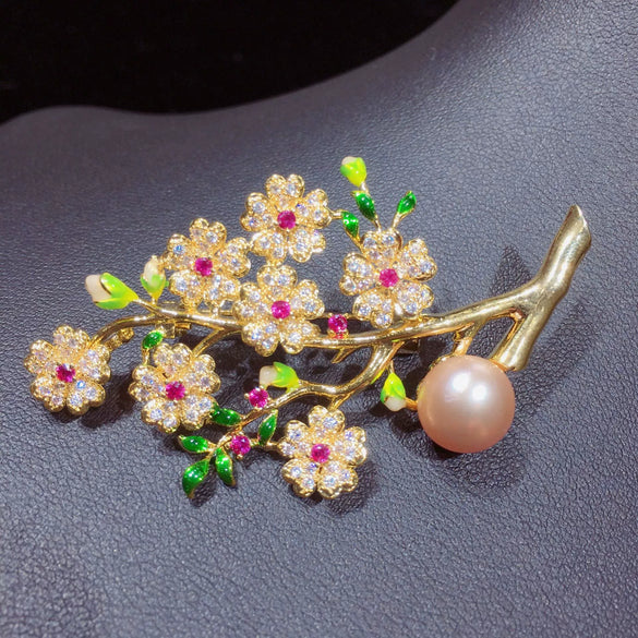 Craft Natural Freshwater Pearl Plum Blossom Corsage Pin Copper Brooch For Women Fashion