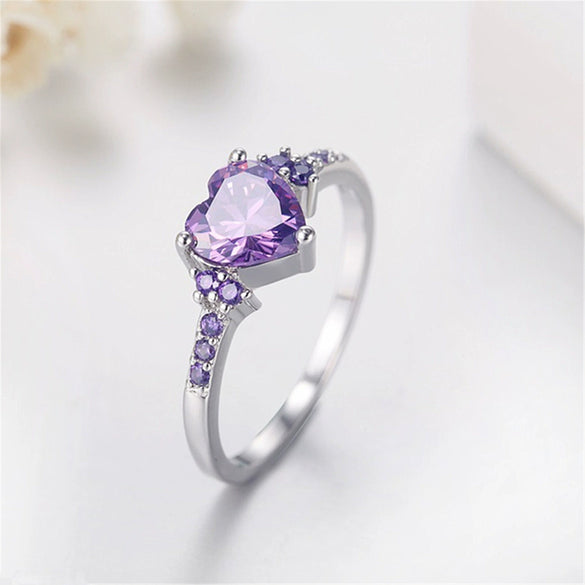 Creative Amethyst Zircon Silver Ring Fashion Wedding Heartshaped Colored Diamond Ring Female  Sales