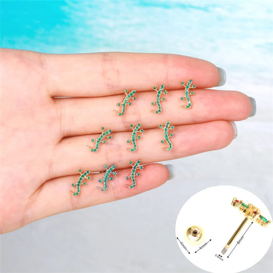 Creative Animal Gecko Green Zircon Copper Piercing Ear Bone Nails