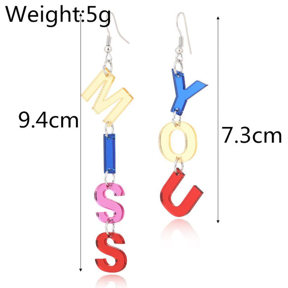 Creative Asymmetric Acrylic Letter Earrings Fashion Color Temperament