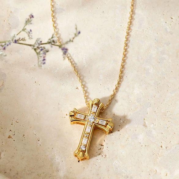 Creative Brass Micropaved Zircon Detachable Double Cross Pendant Necklace With Electroplating
