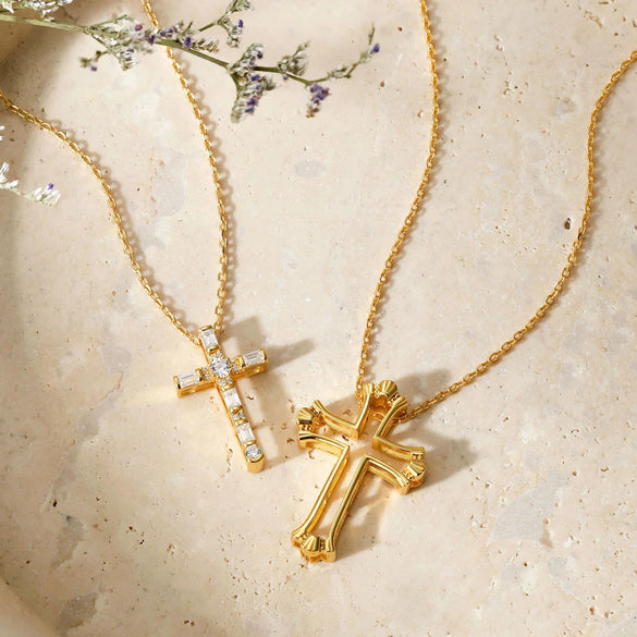 Creative Brass Micropaved Zircon Detachable Double Cross Pendant Necklace With Electroplating