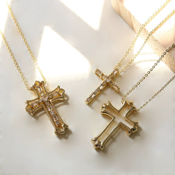 Creative Brass Micropaved Zircon Detachable Double Cross Pendant Necklace With Electroplating
