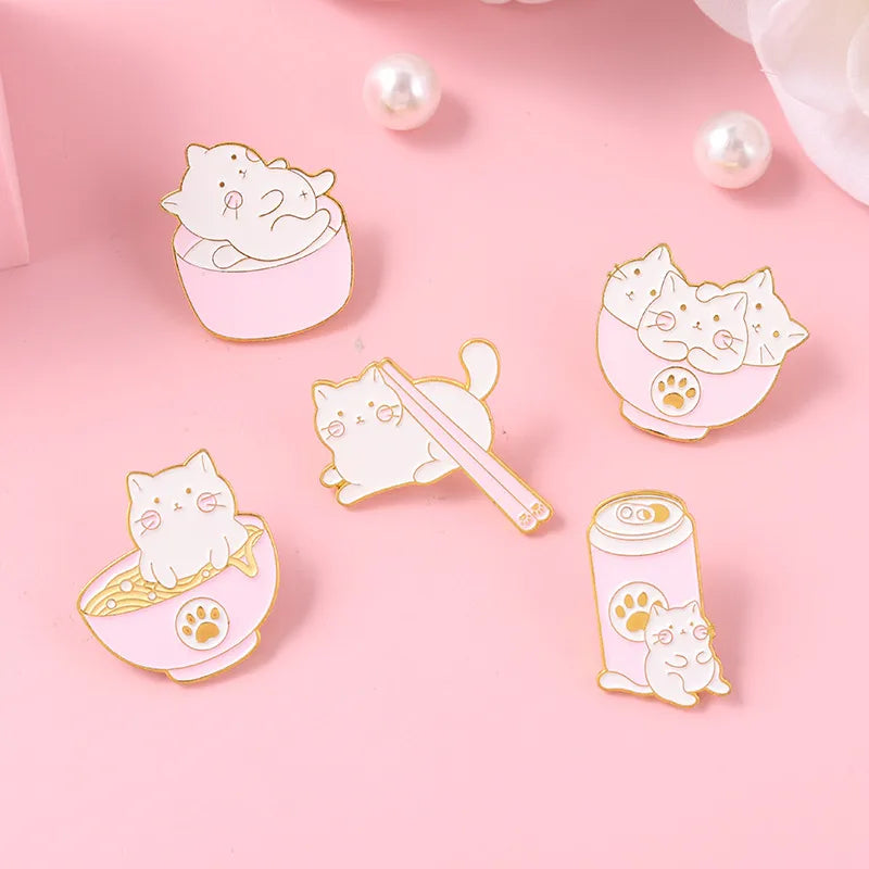 Creative Cartoon Kitten Ramen Bowls Chopsticks Shape Alloy Brooch