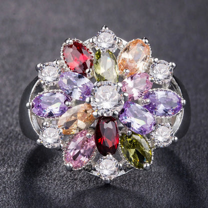 Creative Fashion Copper Inlaid Color Zircon Flower Shape Ring