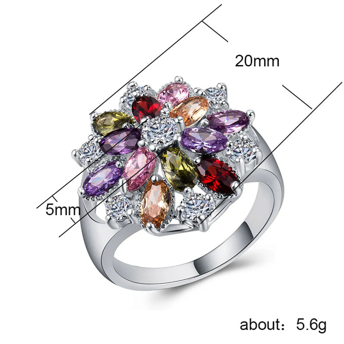 Creative Fashion Copper Inlaid Color Zircon Flower Shape Ring