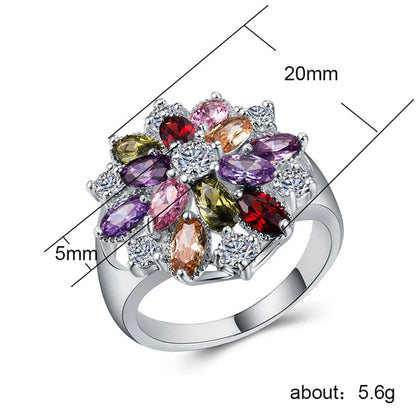 Creative Fashion Copper Inlaid Color Zircon Flower Shape Ring