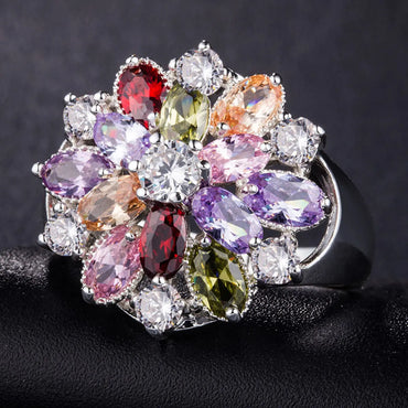 Creative Fashion Copper Inlaid Color Zircon Flower Shape Ring