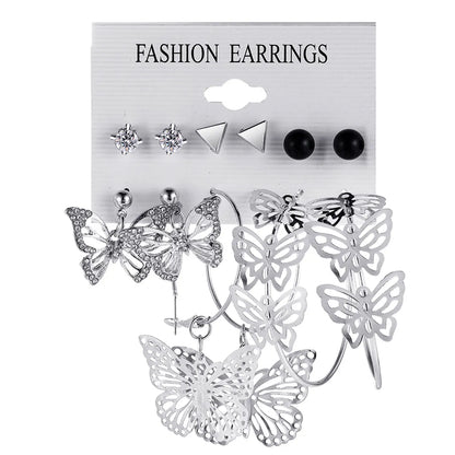 Creative Geometric Rhinestone Embedded Hollow Butterfly Metal Earrings 6-Piece Set