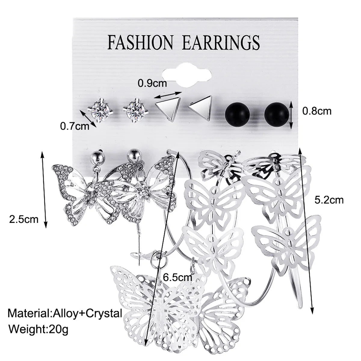 Creative Geometric Rhinestone Embedded Hollow Butterfly Metal Earrings 6-Piece Set