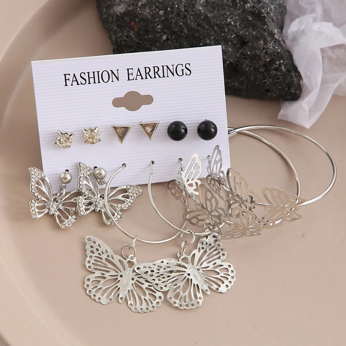 Creative Geometric Rhinestone Embedded Hollow Butterfly Metal Earrings 6-Piece Set