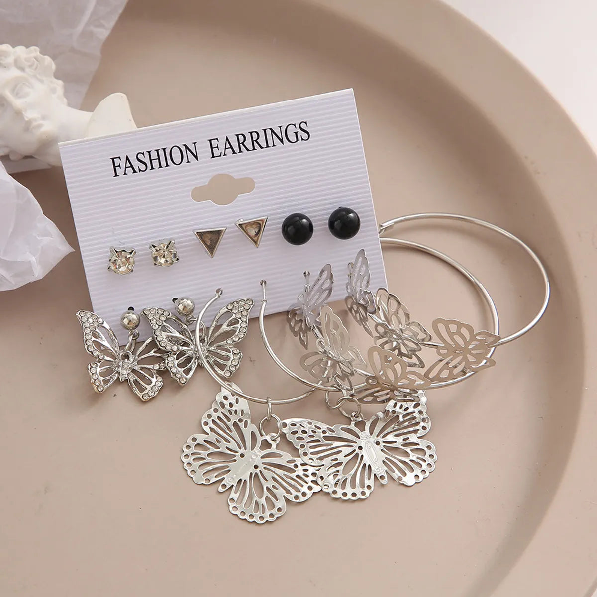 Creative Geometric Rhinestone Embedded Hollow Butterfly Metal Earrings 6-Piece Set