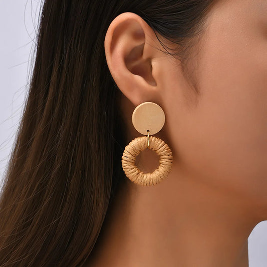 Creative Geometric Wood Round Rattan Female Handmade Metal Earrings Jewelry