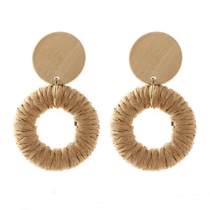 Creative Geometric Wood Round Rattan Female Handmade Metal Earrings Jewelry