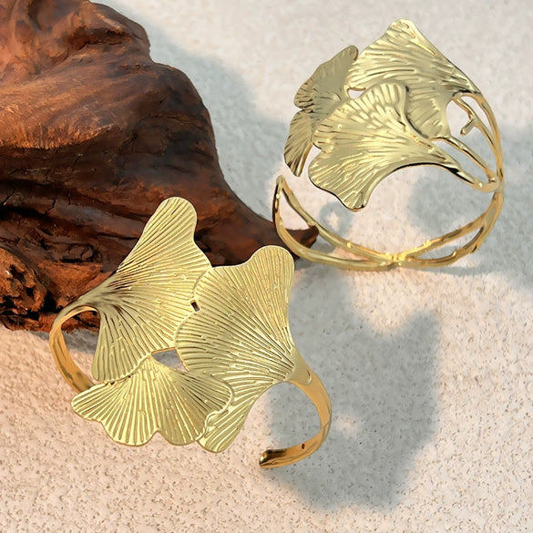 Creative Ginkgo Leaf C Shaped Bracelet Stainless Steel 18K Gold Plated Retro Geometric Electroplated