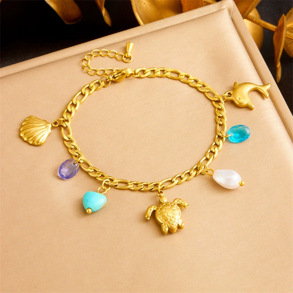 Creative Gold Plated Tortoise Dolphin Starfish Pendant Stainless Steel Chain Jewelry Bracelet For Women With Animal Pattern And Electroplating Treatment