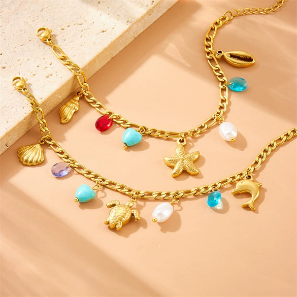 Creative Gold Plated Tortoise Dolphin Starfish Pendant Stainless Steel Chain Jewelry Bracelet For Women With Animal Pattern And Electroplating Treatment