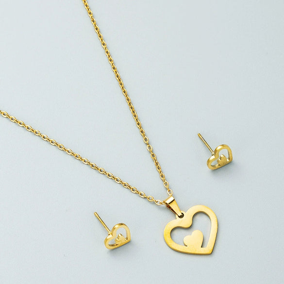 Creative Hollow Love Pendant Titanium Steel Necklace Earrings Set With Snake Bone Chain Electroplated For Women