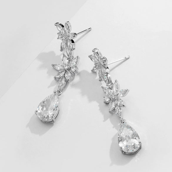 Creative Long Flower Earrings For Women Light Luxury Micro Inlaid Water Drop Zircon Copper Electroplated