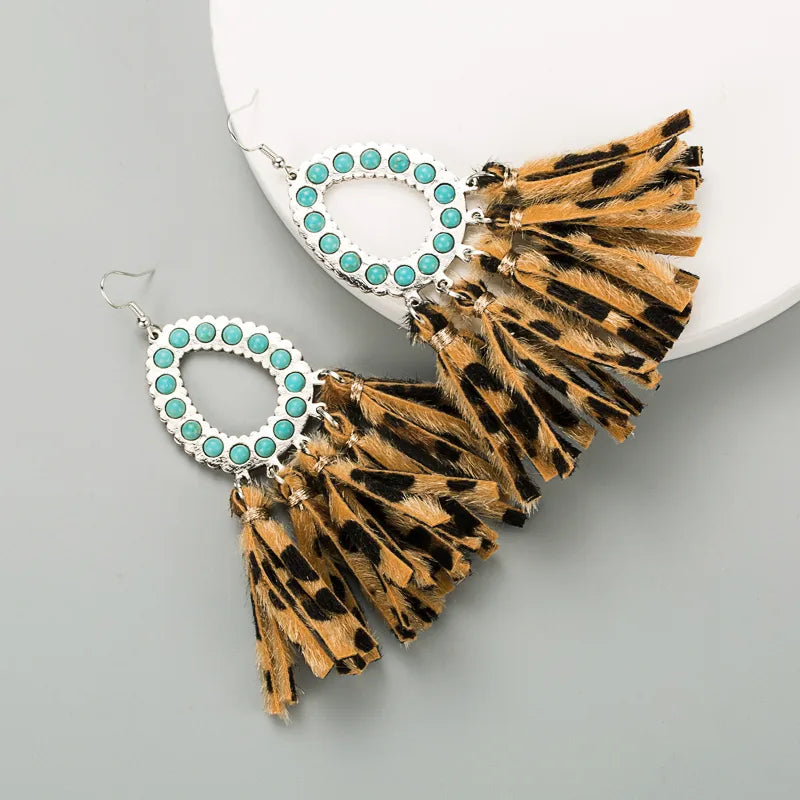 Creative New Exaggerated Leather Leopard Print Tassel Earrings