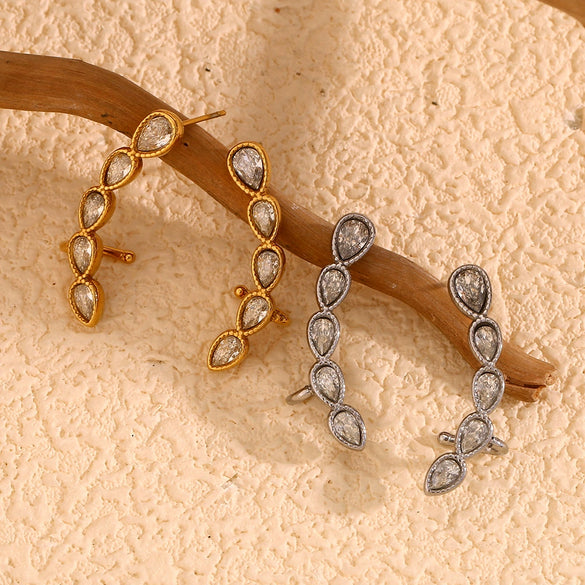 Creative Niche Design Stainless Steel 18K Gold Plated Drops White Diamond Geometric Clip Earrings For Women