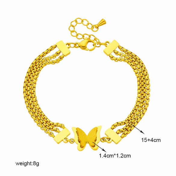 Creative Niche Fashion 3D Frosted Butterfly Connection Multi Layer Chain Titanium Steel Stacked Bracelet With Electroplating