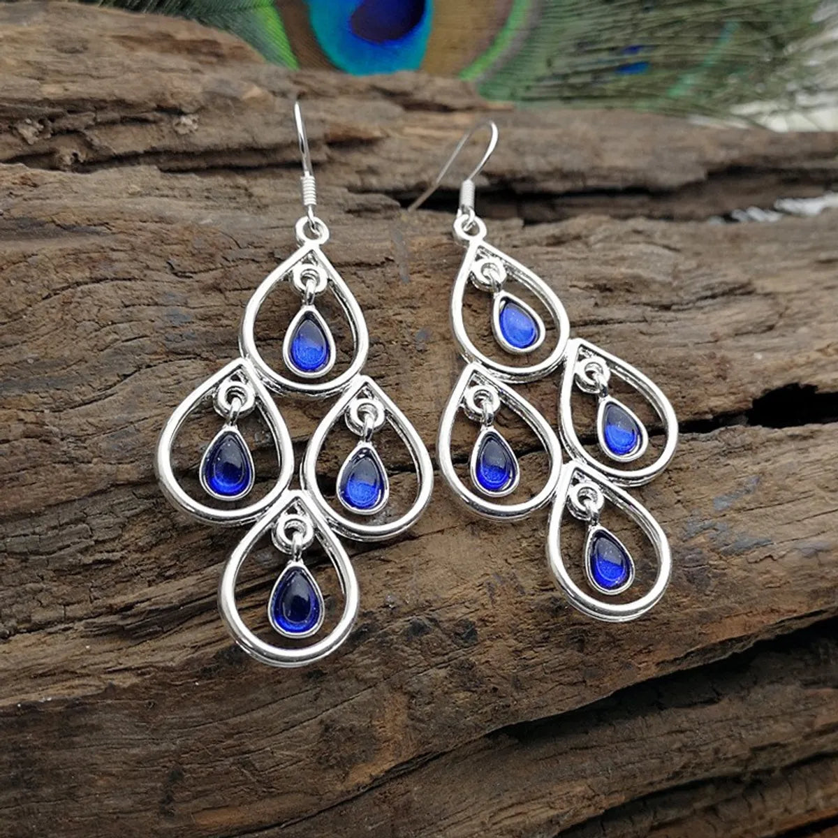 Creative Peacock Blue Moonstone Drop-Shaped Hollow Pendant Earrings