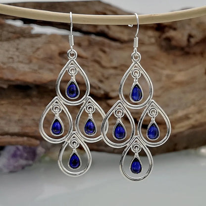 Creative Peacock Blue Moonstone Drop-Shaped Hollow Pendant Earrings