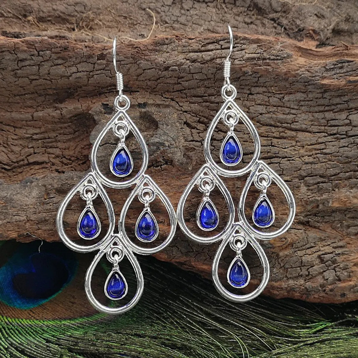 Creative Peacock Blue Moonstone Drop-Shaped Hollow Pendant Earrings