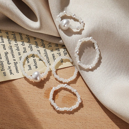 Creative Retro Simple White Rice Bead Ring White Pearl Ring 5-piece Set