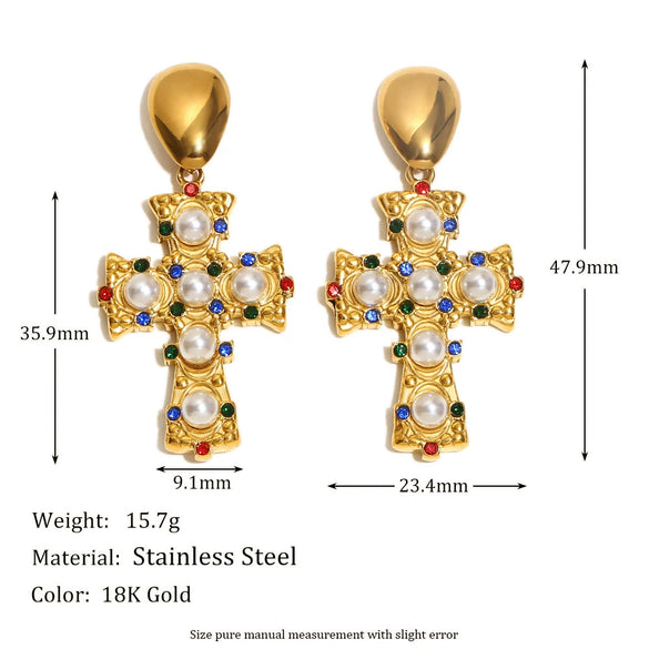 Creative Retro Women's Stainless Steel 18K Gold Plated Cross Earrings With Geometric Design And Color Diamond Pearl Accents