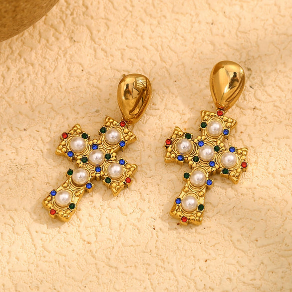 Creative Retro Women's Stainless Steel 18K Gold Plated Cross Earrings With Geometric Design And Color Diamond Pearl Accents