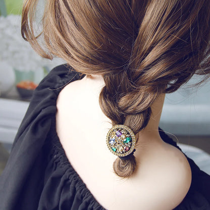 Creative Rhinestone Glass Baroque Head Rope Personality Rubber Band Metal Hollow Rhinestone Pendant Ball Head Hair Ring