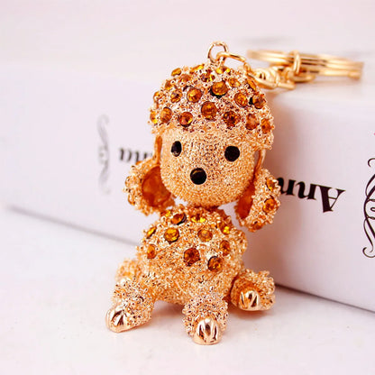 Creative Rhinestone Puppy Car  Cute Poodle Animal Metal Keychain Wholesale