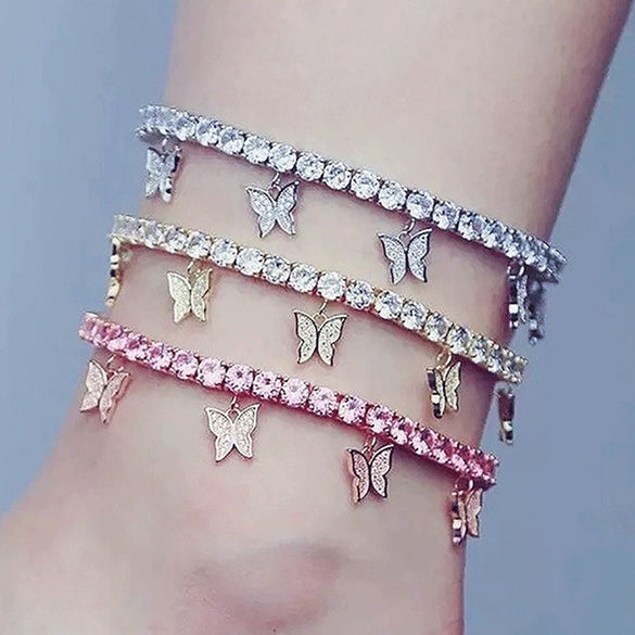 Creative Rhinestone Small Butterfly Anklet Alloy Claw Chain Tassel Foot Decoration With Inlaid Artificial Gemstones And Semi Precious Stones For Women