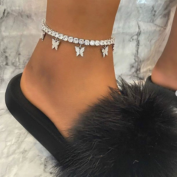 Creative Rhinestone Small Butterfly Anklet Alloy Claw Chain Tassel Foot Decoration With Inlaid Artificial Gemstones And Semi Precious Stones For Women