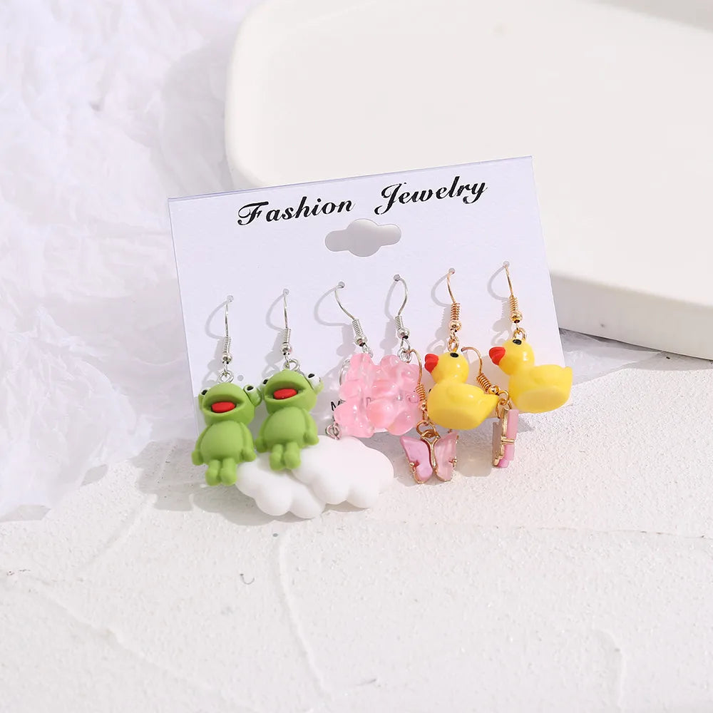 Cross-Border New Arrival Creative Simple Cartoon Cute Women'S Jewelry Butterfly White Cloud Small Yellow Duck Frog Stud Earrings 5-Piece Set