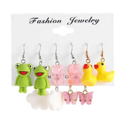 Cross-Border New Arrival Creative Simple Cartoon Cute Women'S Jewelry Butterfly White Cloud Small Yellow Duck Frog Stud Earrings 5-Piece Set