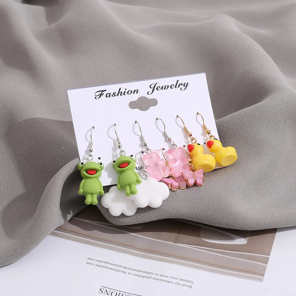 Cross-Border New Arrival Creative Simple Cartoon Cute Women'S Jewelry Butterfly White Cloud Small Yellow Duck Frog Stud Earrings 5-Piece Set