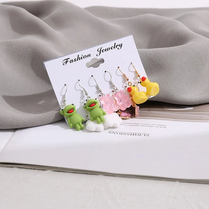 Cross-Border New Arrival Creative Simple Cartoon Cute Women'S Jewelry Butterfly White Cloud Small Yellow Duck Frog Stud Earrings 5-Piece Set