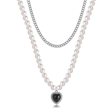 Creative Simple Multi-Layer Black Heart Double-Layer Pearl Chain Alloy Necklace