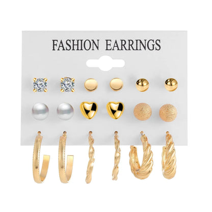 Creative Simple Pearl Peach Heart Twisted Twill C-shaped Stud Earrings Set 9 Pieces